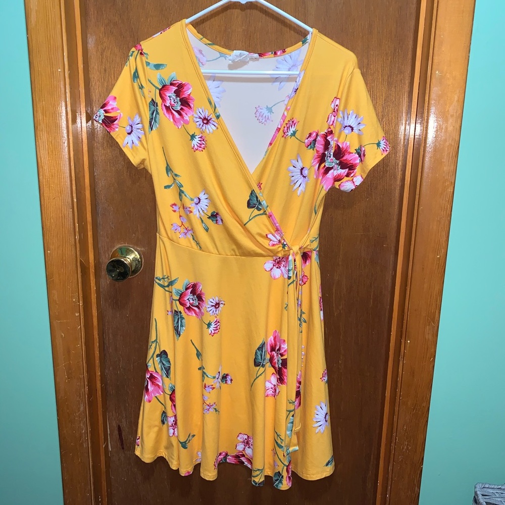 Yellow floral wrap dress